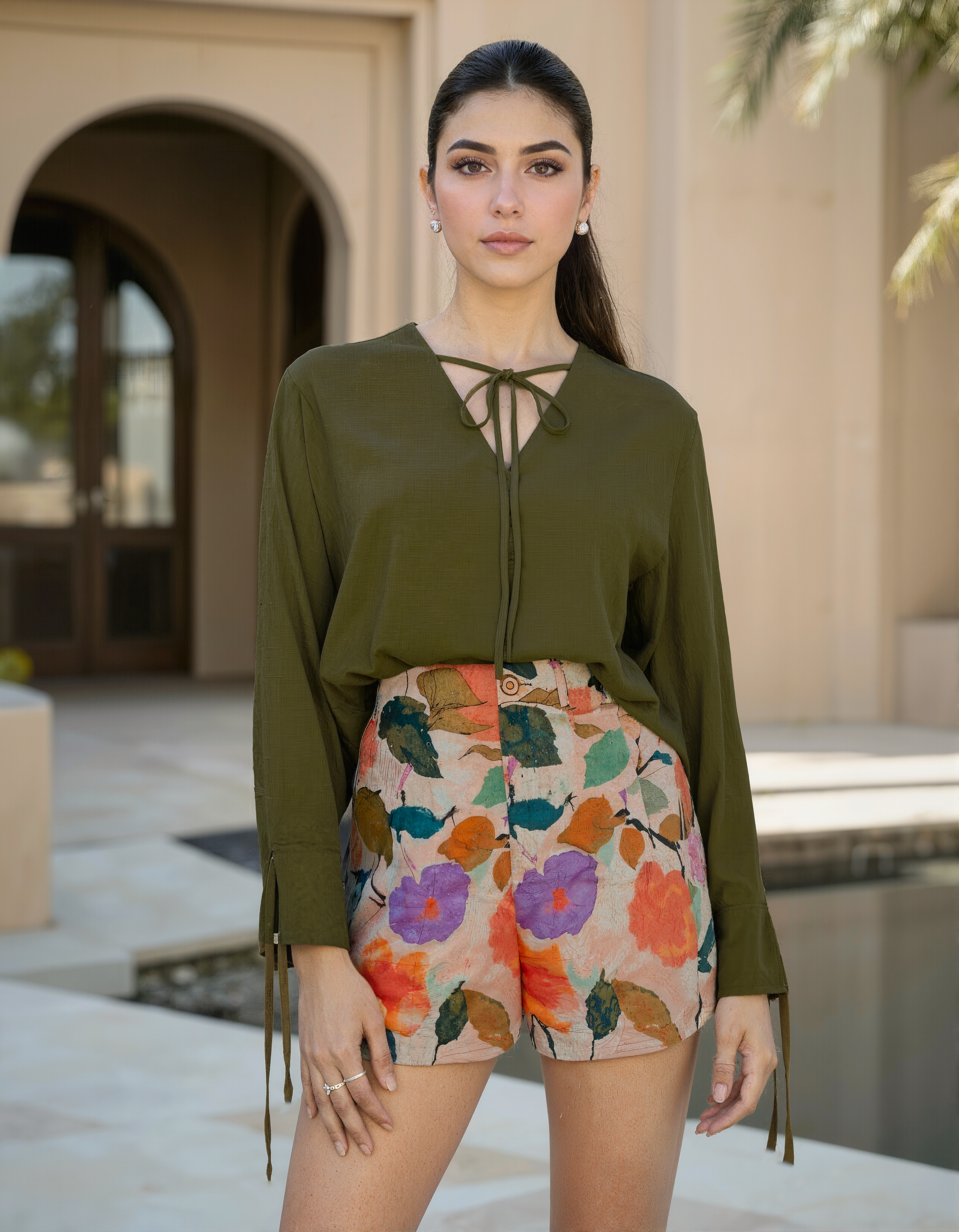 Dark Green Petals Drawstring Top with Multicolour Shorts