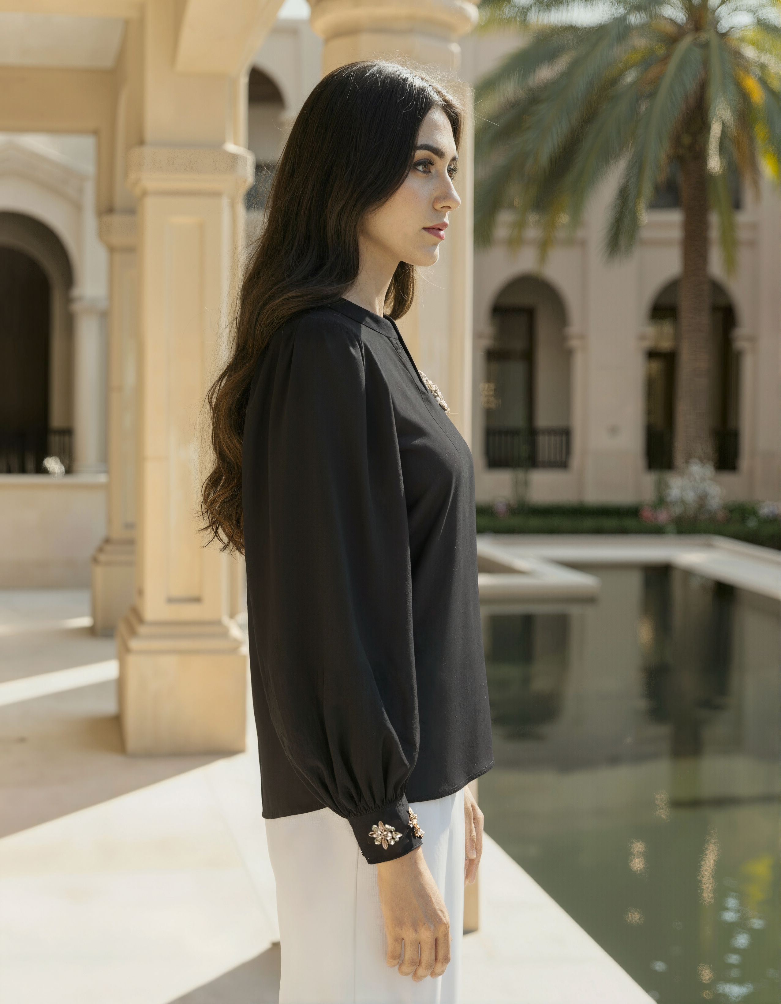 Black Balloon Sleeve Crystal Top