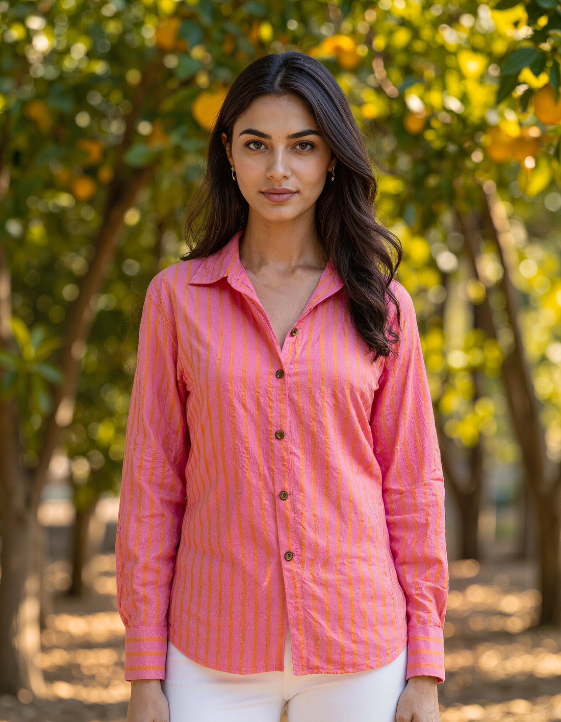 Handwoven Cotton Pink &amp; Peach Bloom Shirt