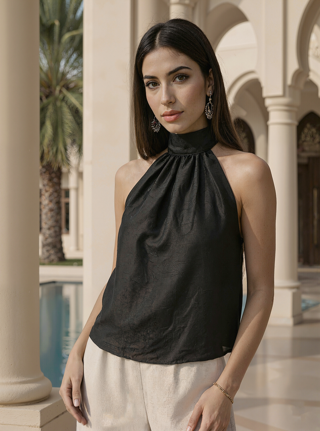 Black Silk Halter Neck Top