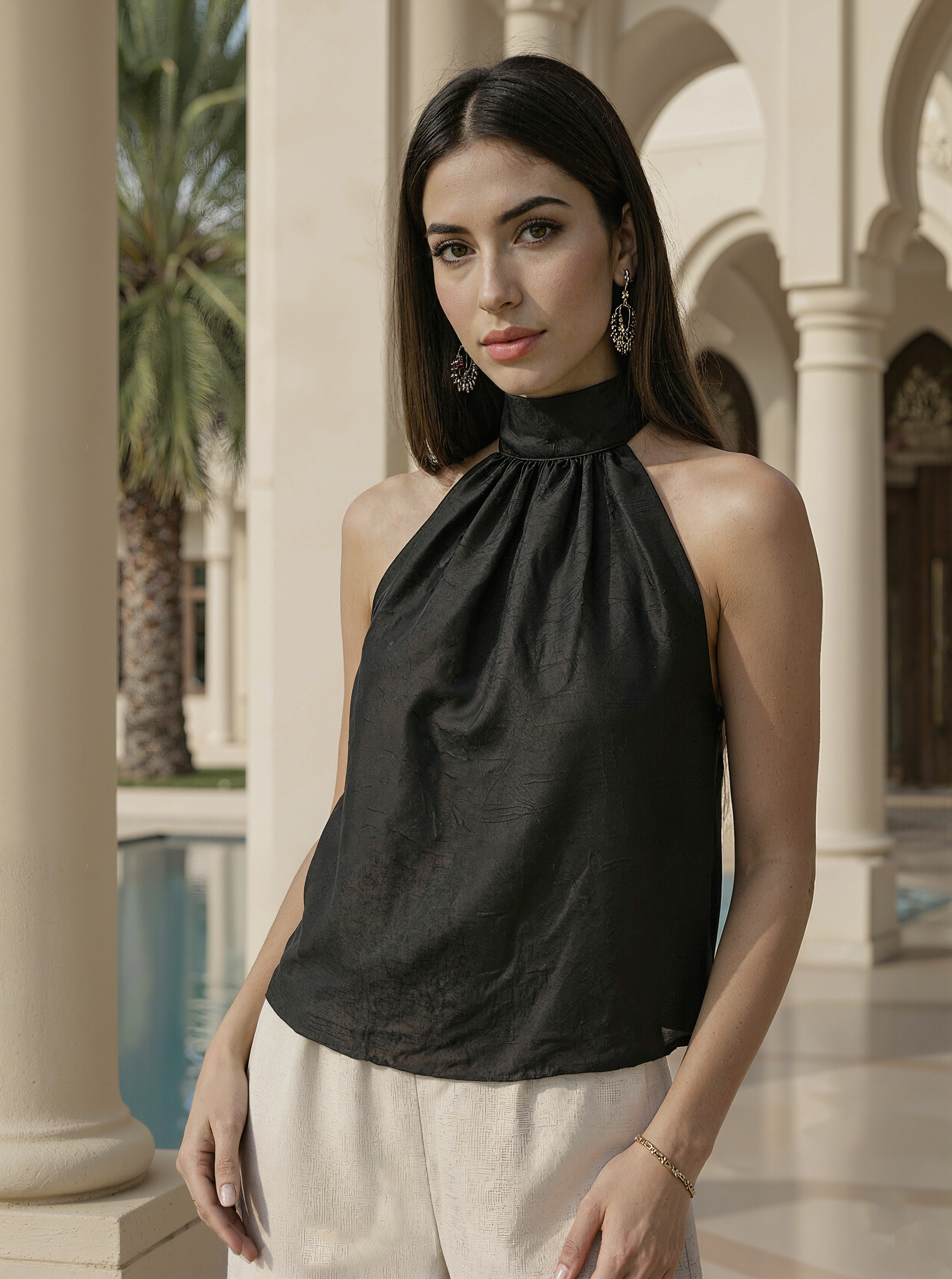 Black Silk Halter Neck Top