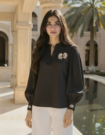 Black Balloon Sleeve Crystal Top